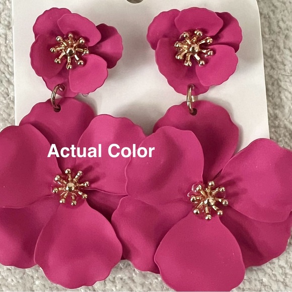 Pink Flower Drop Earrings - Picture 5 of 6